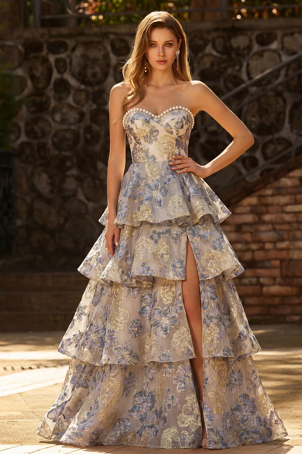 Dusty Blue Jacquard Pearl Strapless A Line Long Tiered Prom Dress with Slit sold by Zapaka