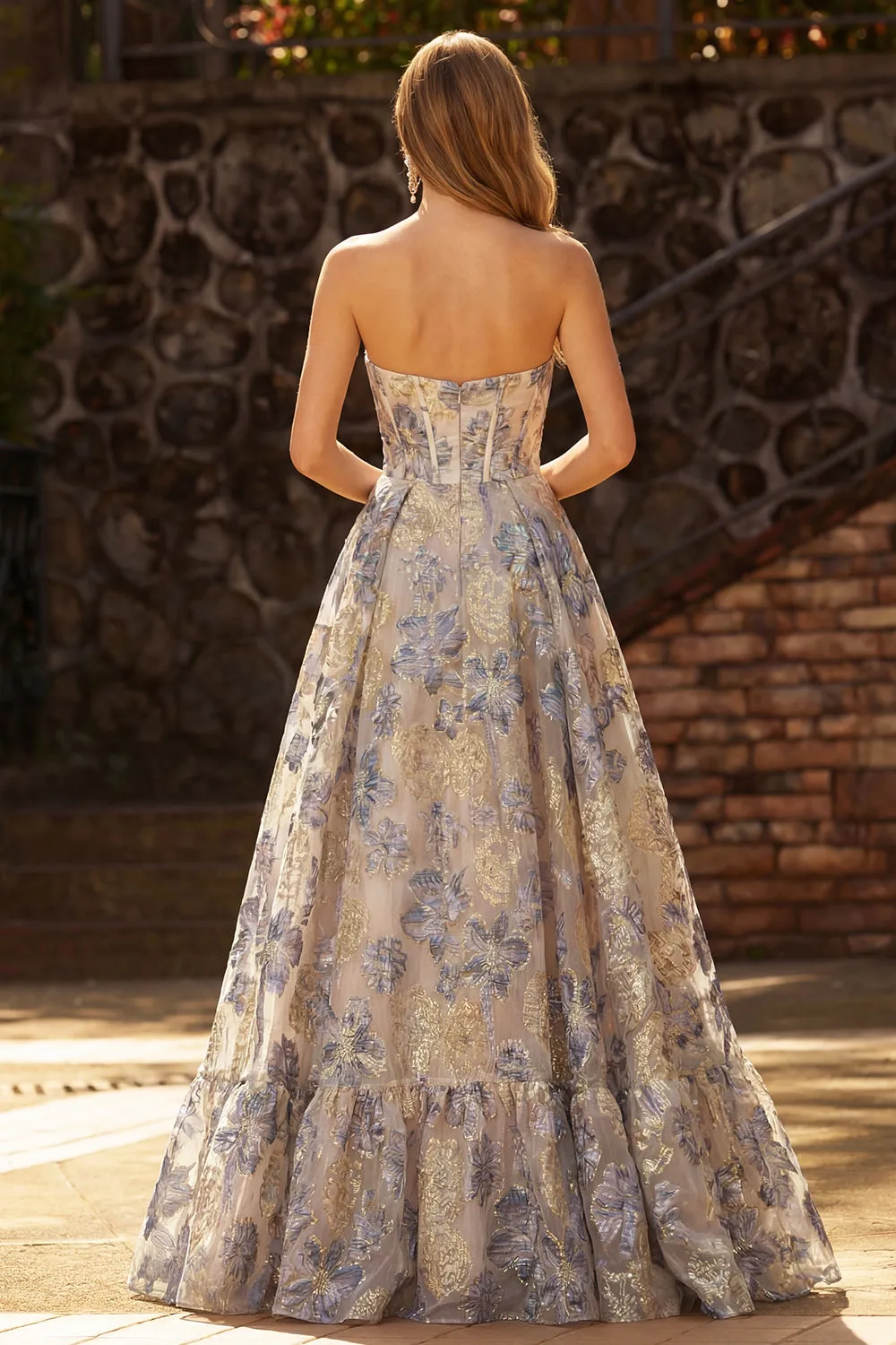 Dusty Blue Jacquard A Line Corset Strapless Long Prom Dress with Slit sold by Zapaka product image thumbnail 2