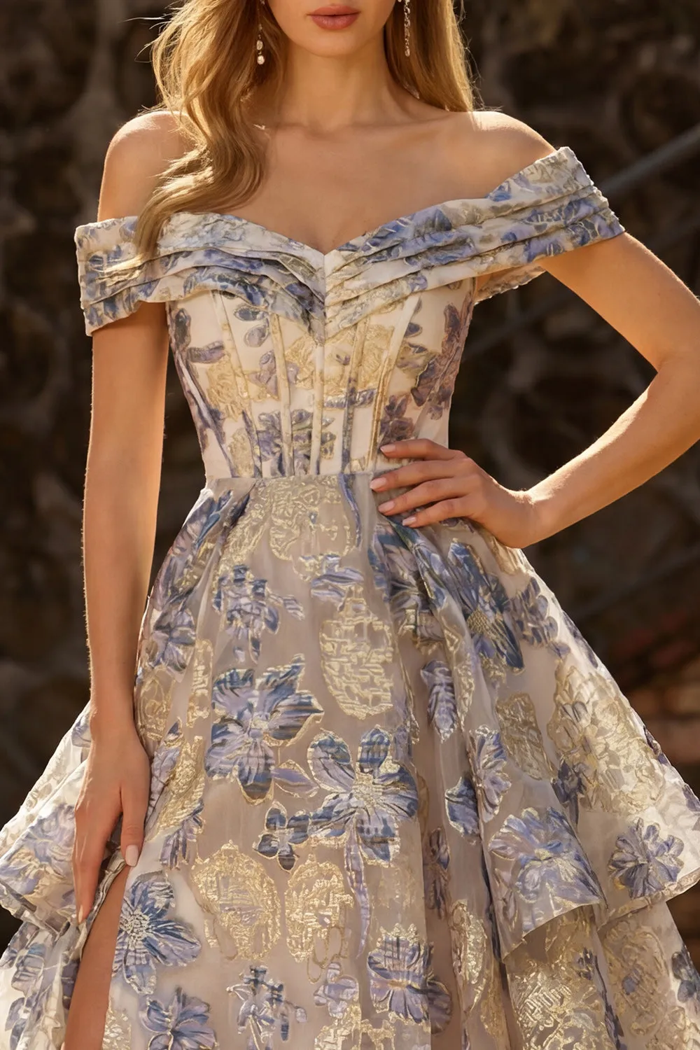 Dusty Blue Jacquard Off the Shoulder A Line Corset Long Tiered Prom Dress with Slit sold by Zapaka product image thumbnail 3