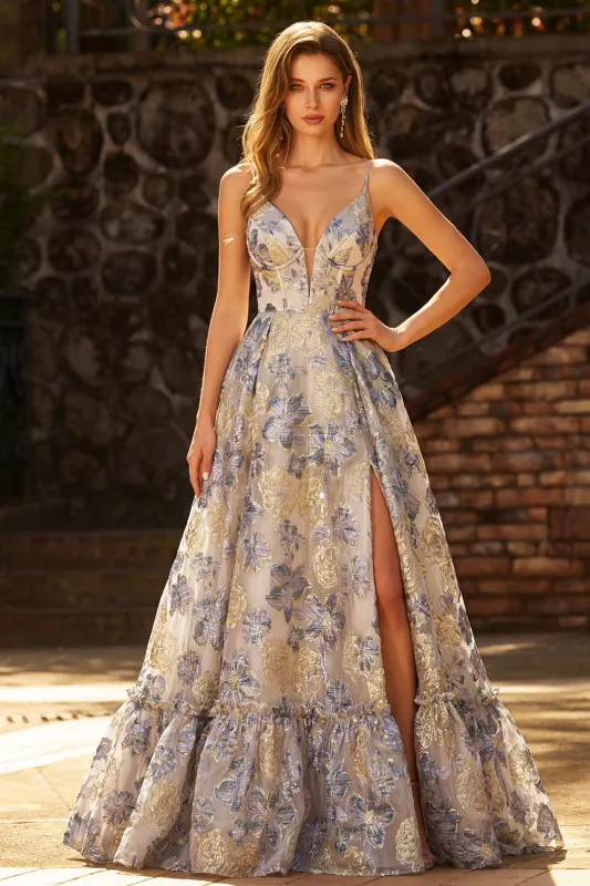 Dusty Blue Jacquard Spaghetti Straps A Line Corset Long Prom Dress with Slit made by Zapaka