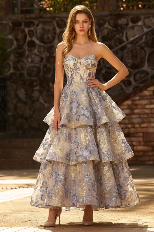 Dusty Blue Jacquard Strapless A Line Corset Tiered Prom Dress with Ruffles made by Zapaka