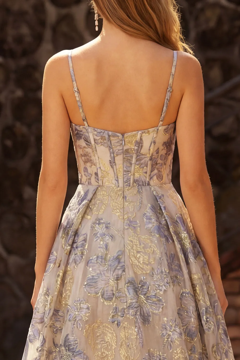 Dusty Blue Spaghetti Straps Jacquard Ruffled A Line Corset Long Prom Dress with Slit sold by Zapaka product image thumbnail 4