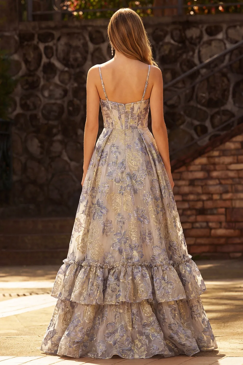 Dusty Blue Spaghetti Straps Jacquard Ruffled A Line Corset Long Prom Dress with Slit sold by Zapaka product image thumbnail 2