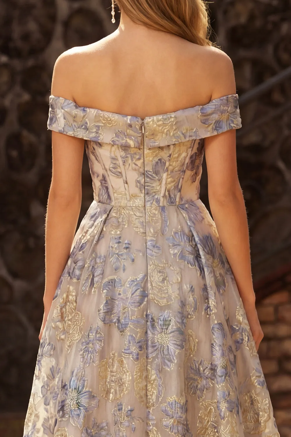 Dusty Blue Off the Shoulder Jacquard A Line Corset Prom Dress sold by Zapaka product image thumbnail 4
