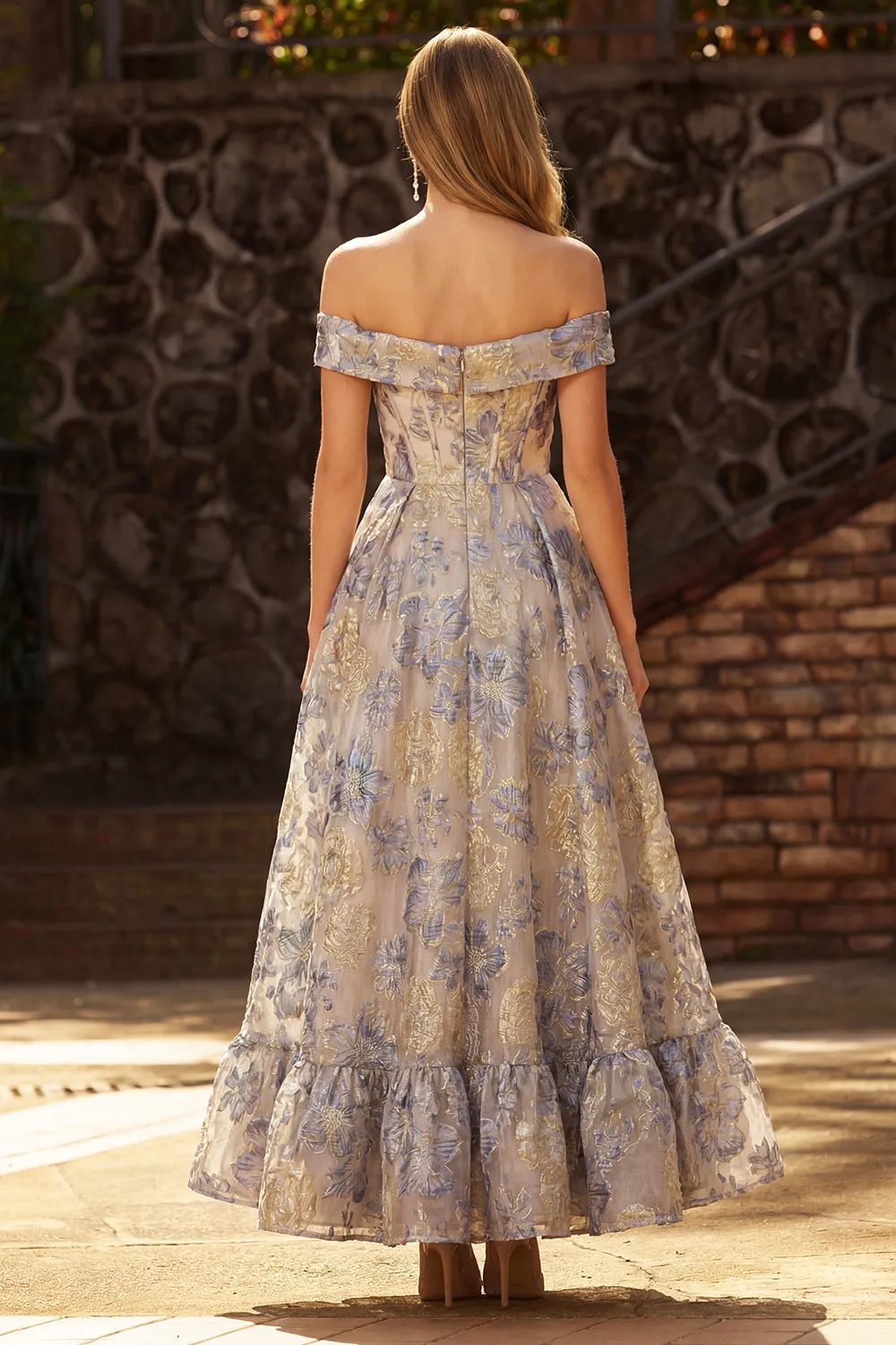Dusty Blue Off the Shoulder Jacquard A Line Corset Prom Dress sold by Zapaka product image thumbnail 2