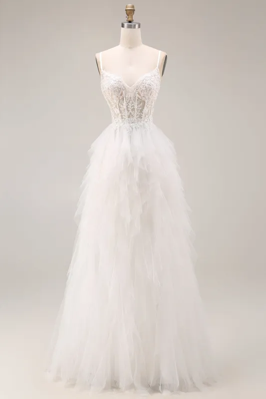 White Ruffled Tulle A-Line Spaghetti Straps Corset Long Wedding Dress made by Zapaka