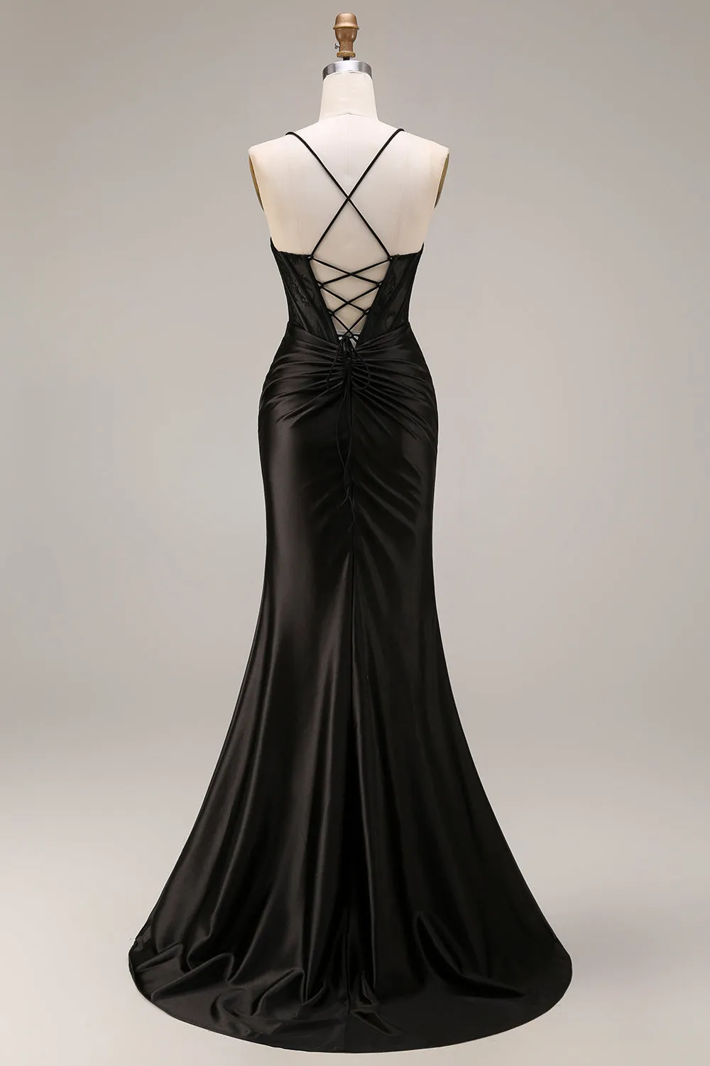 Black Satin Spaghetti Straps Mermaid Long Formal Dress with Slit sold by Zapaka product image thumbnail 2