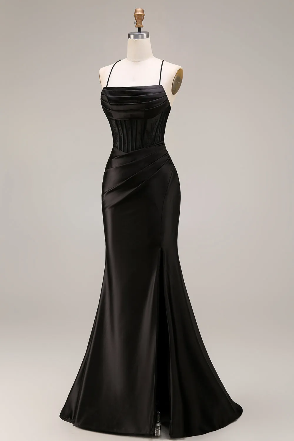 Black Satin Spaghetti Straps Mermaid Long Formal Dress with Slit sold by Zapaka product image thumbnail 3