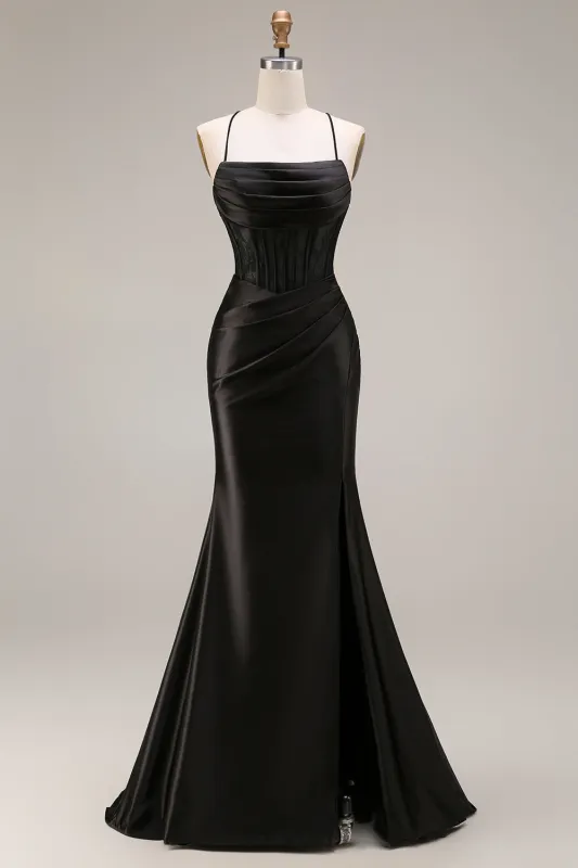 Black Satin Spaghetti Straps Mermaid Long Formal Dress with Slit sold by Zapaka