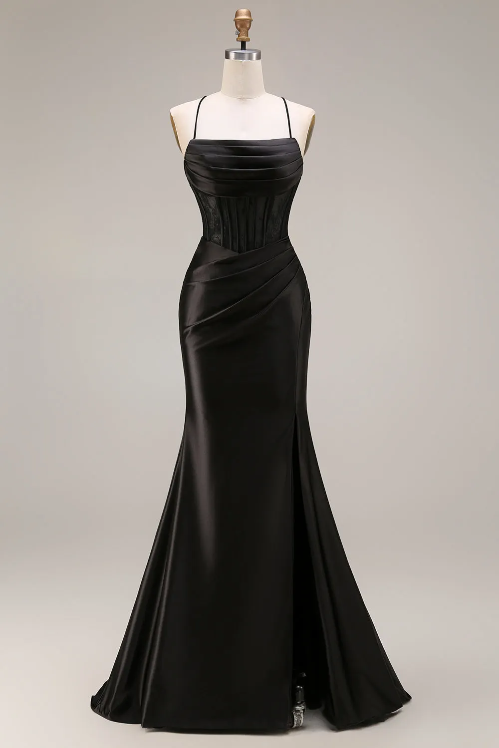 Black Satin Spaghetti Straps Mermaid Long Formal Dress with Slit sold by Zapaka