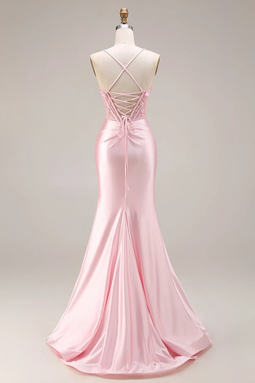Pink Basque Waist Appliqued Mermaid Satin Long Prom Dress with Slit sold by Zapaka product image thumbnail 2