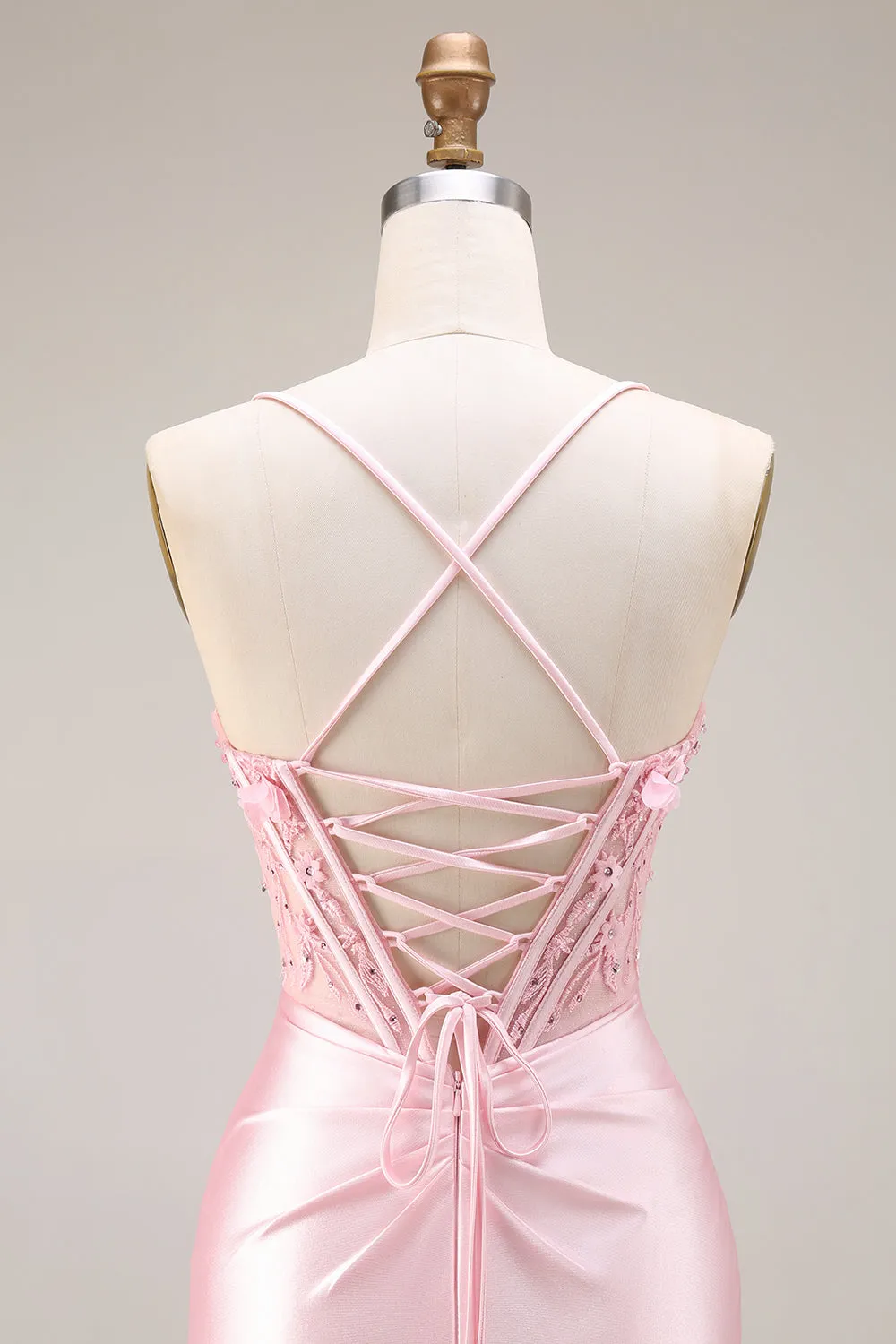 Pink Basque Waist Appliqued Mermaid Satin Long Prom Dress with Slit sold by Zapaka product image thumbnail 5