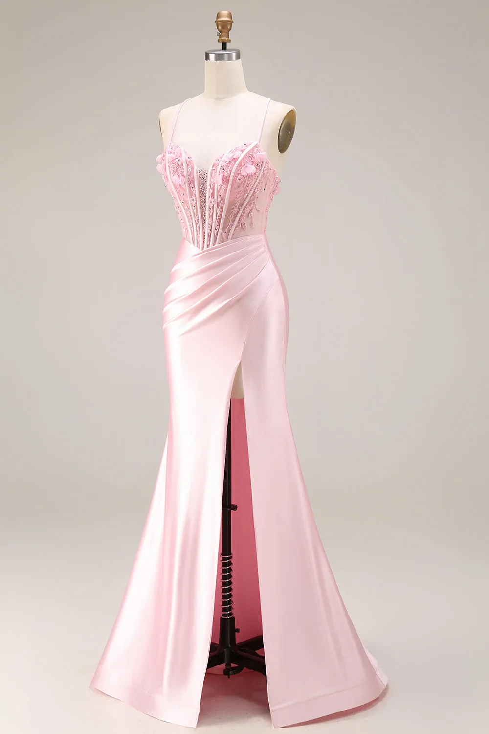 Pink Basque Waist Appliqued Mermaid Satin Long Prom Dress with Slit sold by Zapaka product image thumbnail 3