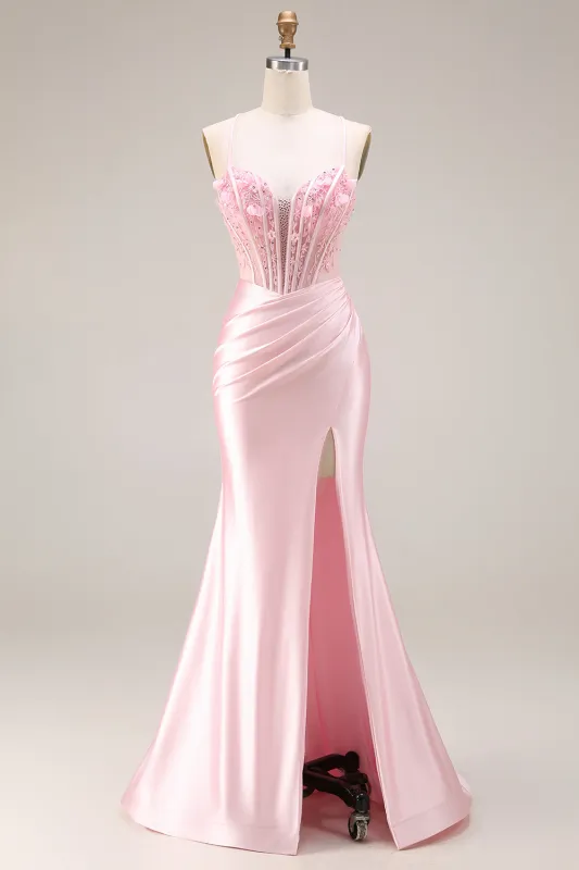 Pink Basque Waist Appliqued Mermaid Satin Long Prom Dress with Slit sold by Zapaka