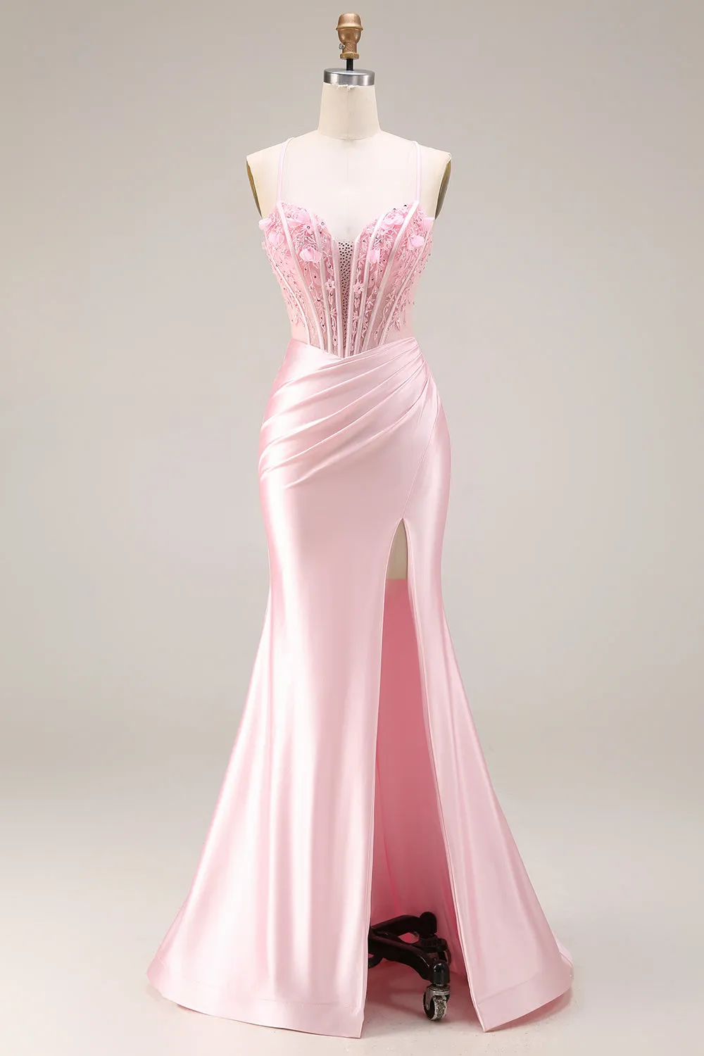 Pink Basque Waist Appliqued Mermaid Satin Long Prom Dress with Slit sold by Zapaka