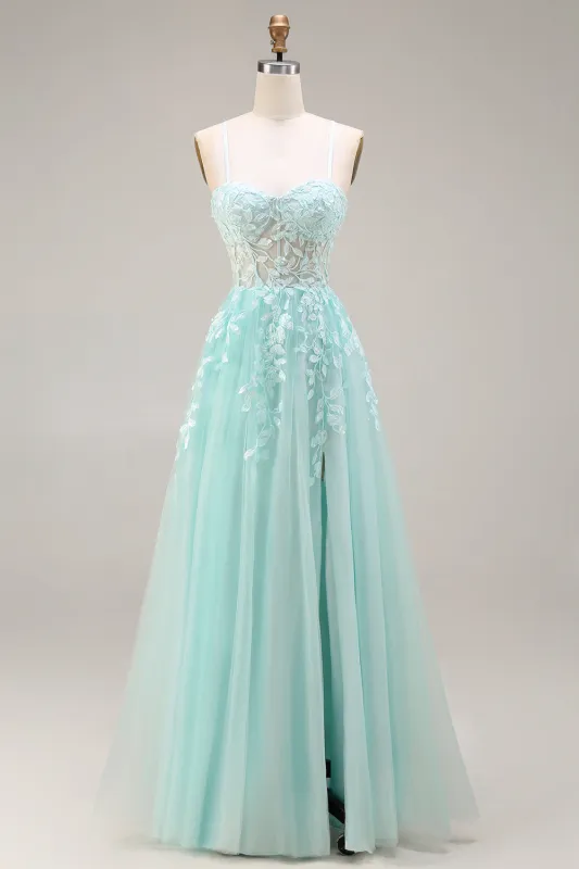 Mint Appliqued Corset Spaghetti Straps A Line Long Tulle Prom Dress with Slit sold by Zapaka