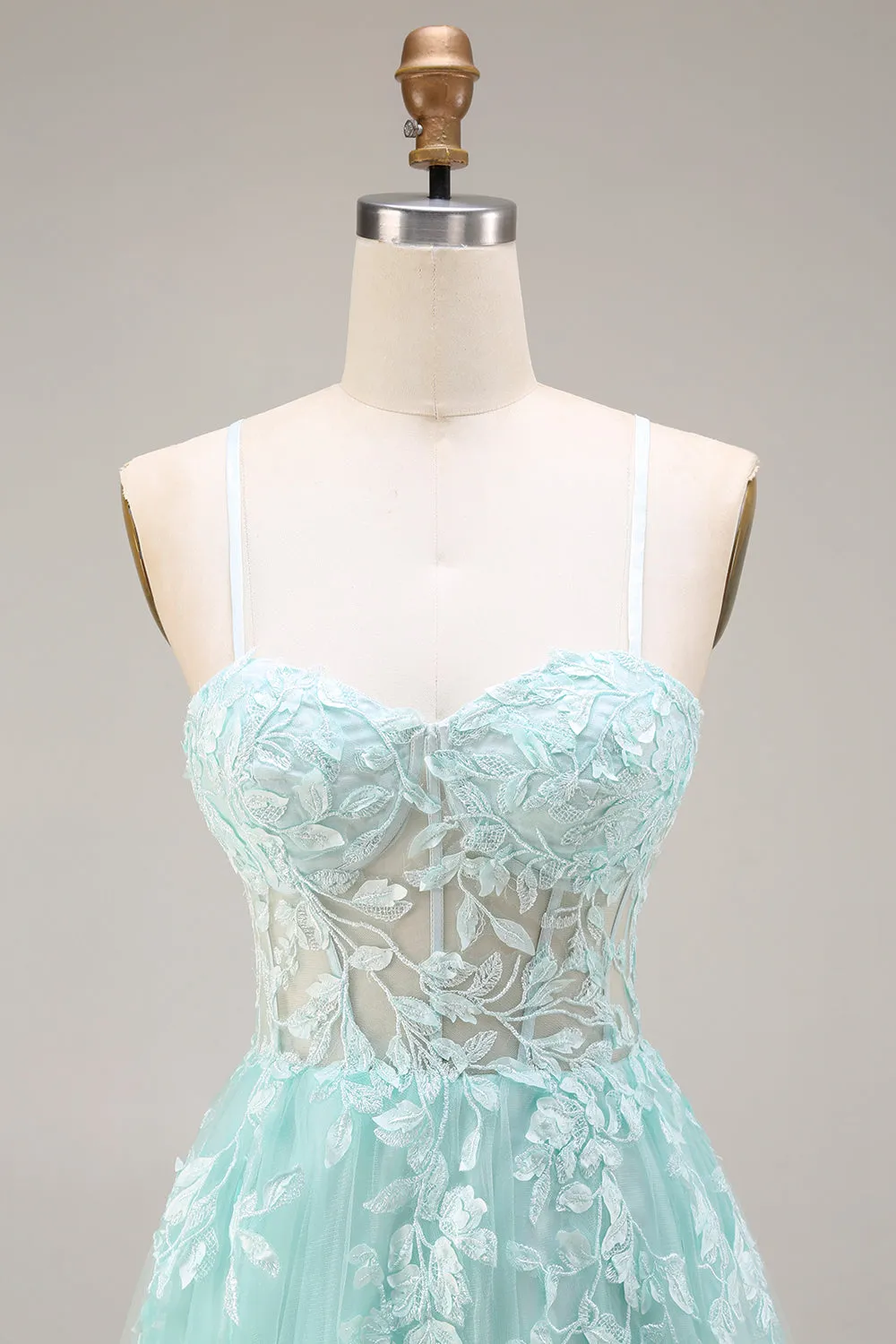 Mint Appliqued Corset Spaghetti Straps A Line Long Tulle Prom Dress with Slit sold by Zapaka product image thumbnail 4
