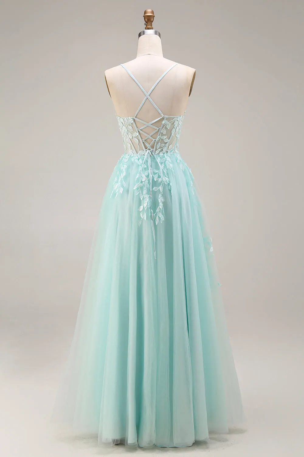 Mint Appliqued Corset Spaghetti Straps A Line Long Tulle Prom Dress with Slit sold by Zapaka product image thumbnail 2