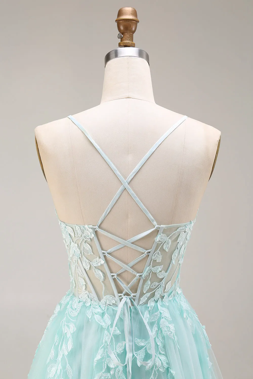 Mint Appliqued Corset Spaghetti Straps A Line Long Tulle Prom Dress with Slit sold by Zapaka product image thumbnail 5