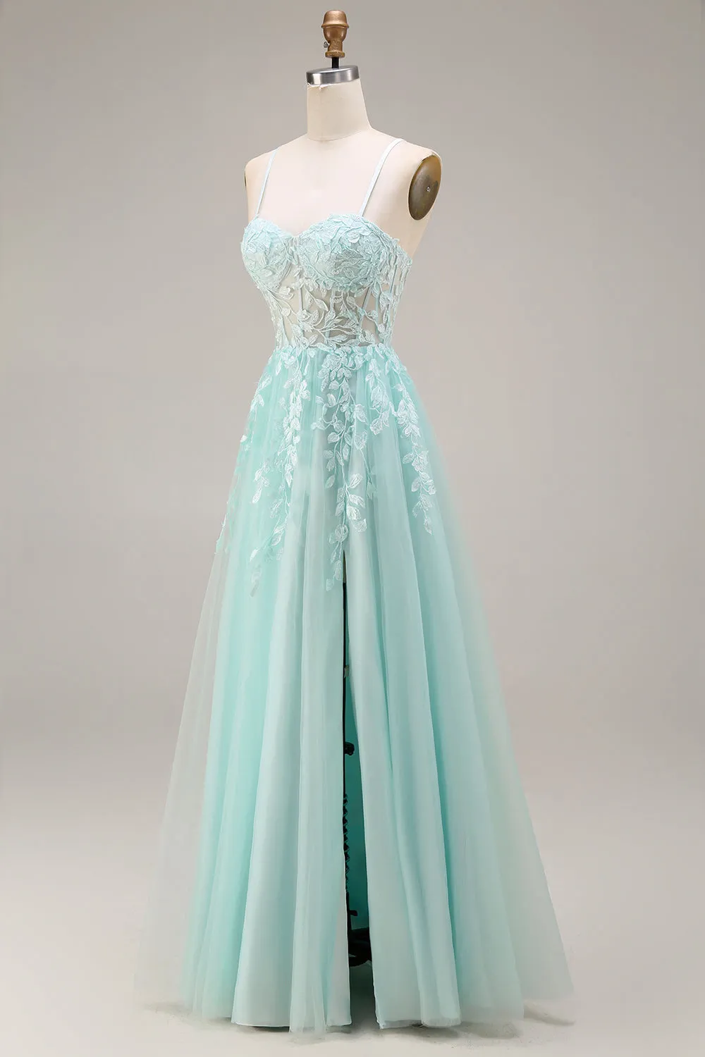 Mint Appliqued Corset Spaghetti Straps A Line Long Tulle Prom Dress with Slit sold by Zapaka product image thumbnail 3