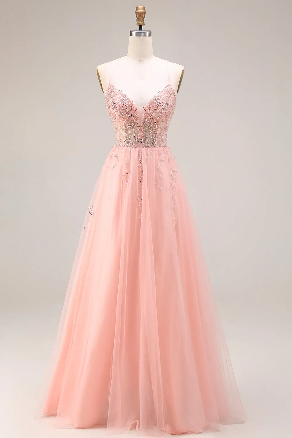Watermelon Appliqued Corset Spaghetti Straps A Line Long Tulle Prom Dress sold by Zapaka