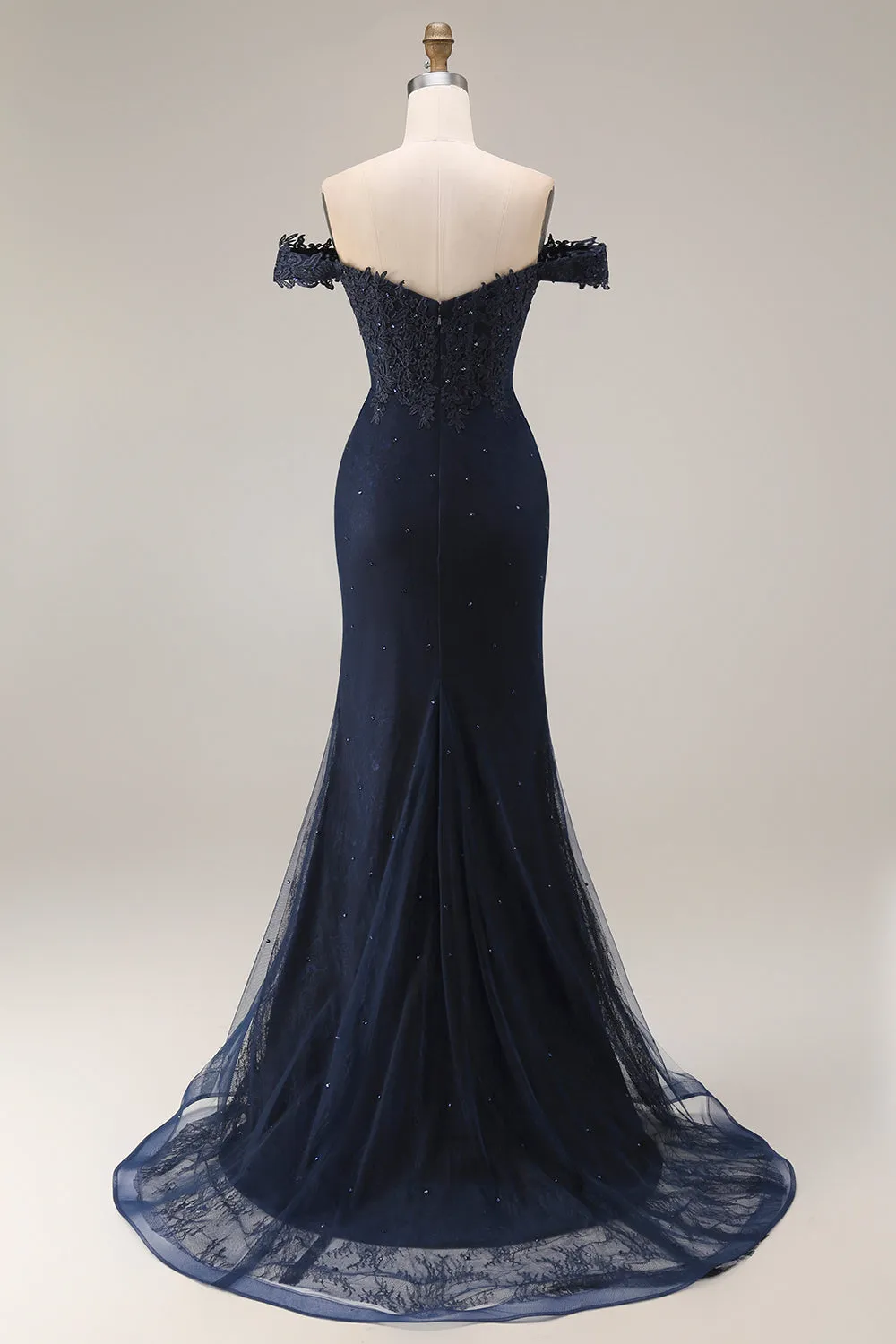 Sparkly Navy Off the Shoulder Mermaid Appliqued Long Prom Dress with Beading sold by Zapaka product image thumbnail 2