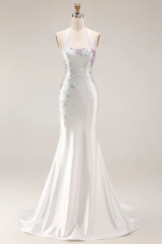 White Beaded Halter Mermaid Satin Long Prom Dress sold by Zapaka