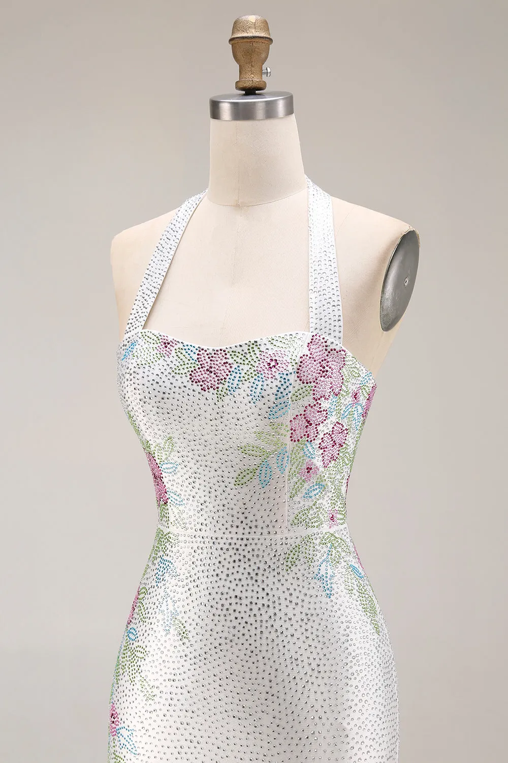 White Beaded Halter Mermaid Satin Long Prom Dress sold by Zapaka product image thumbnail 5