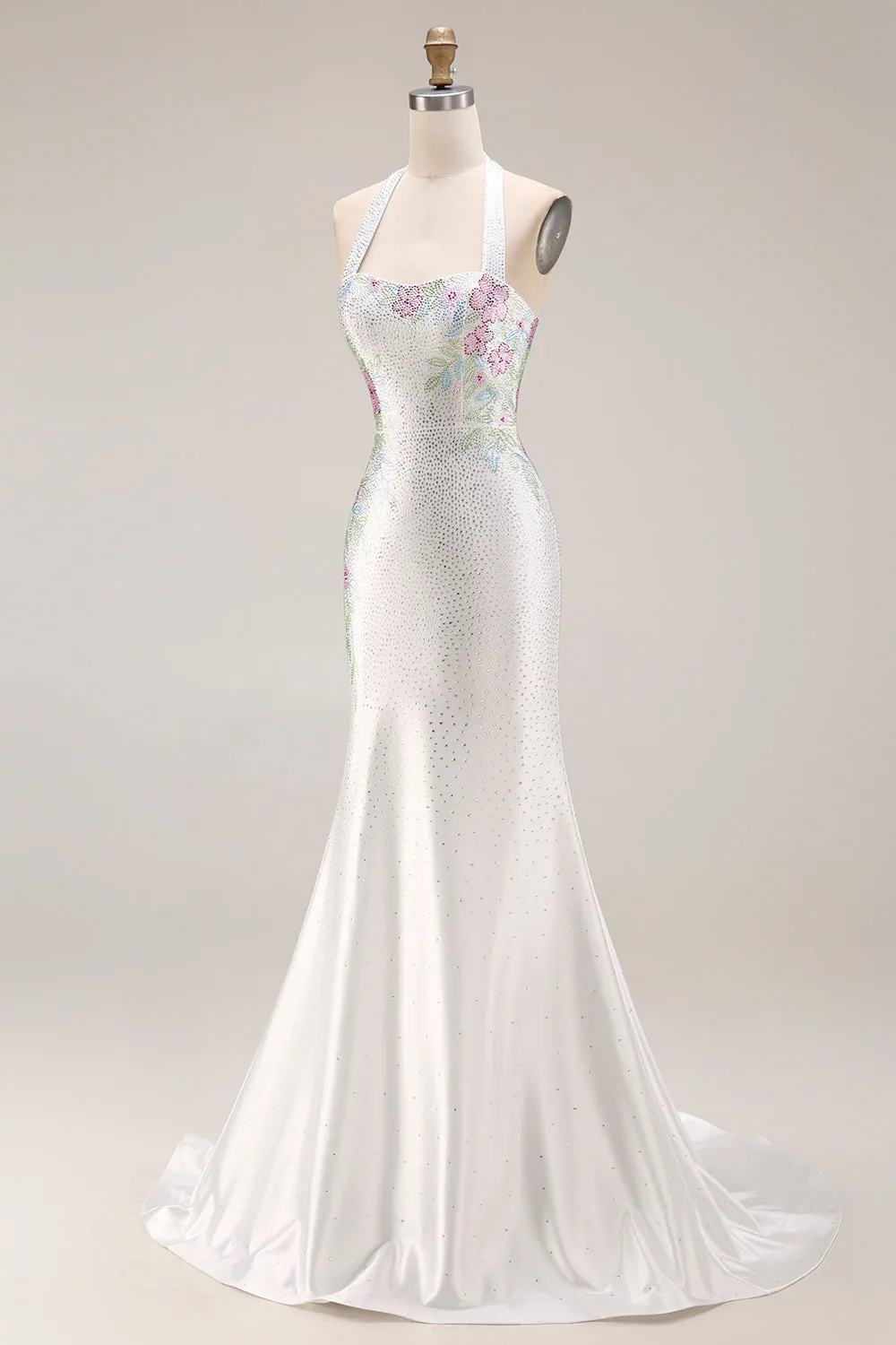 White Beaded Halter Mermaid Satin Long Prom Dress sold by Zapaka product image thumbnail 3
