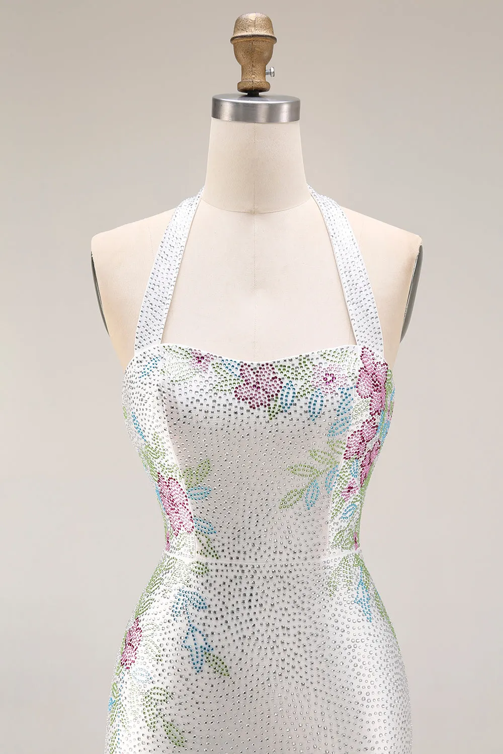 White Beaded Halter Mermaid Satin Long Prom Dress sold by Zapaka product image thumbnail 4