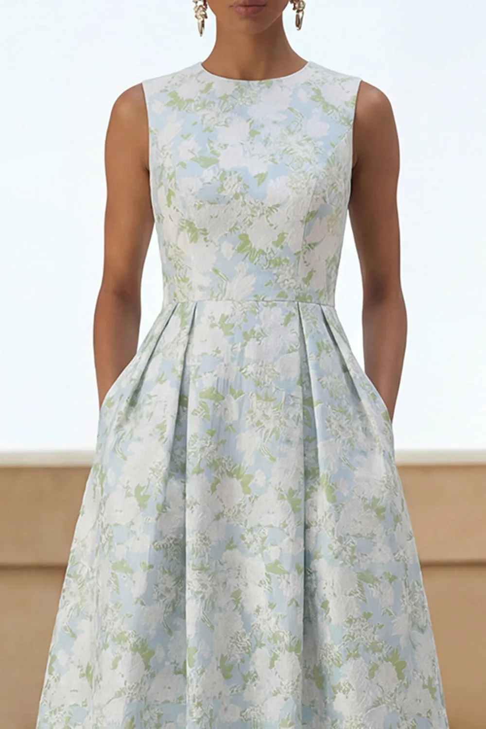 White Blue Flower A Line Round Neck Midi Dress with Pockets sold by Zapaka product image thumbnail 3