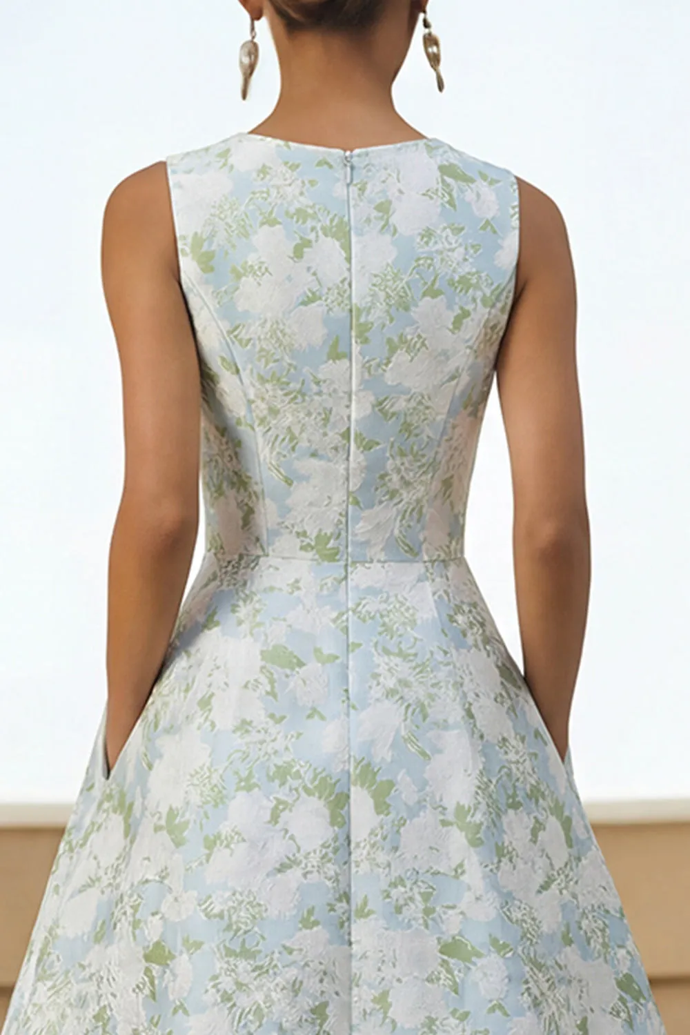 White Blue Flower A Line Round Neck Midi Dress with Pockets sold by Zapaka product image thumbnail 4