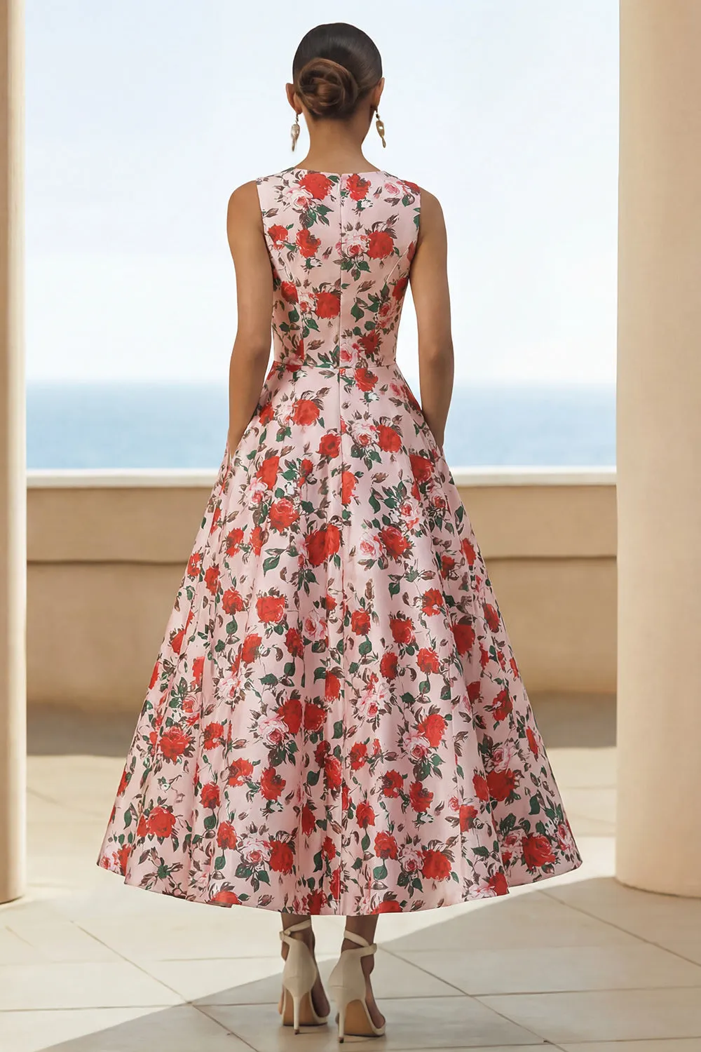 Pink Red Flower Print Round Neck A Line Midi Dress with Pockets sold by Zapaka product image thumbnail 2
