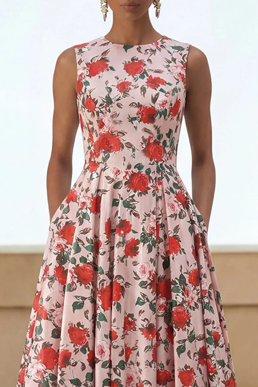 Pink Red Flower Print Round Neck A Line Midi Dress with Pockets sold by Zapaka product image thumbnail 3