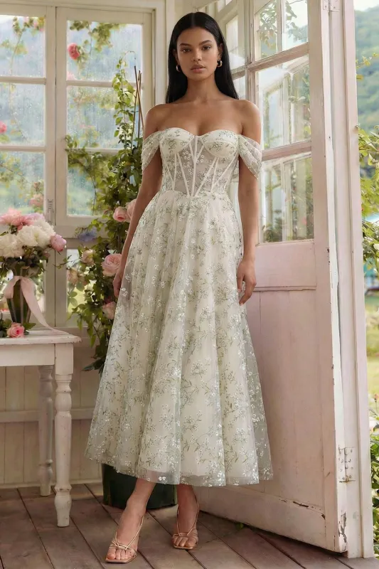 Light Green Corset Off the Shoulder Appliqued A Line Tulle Midi Dress made by Zapaka