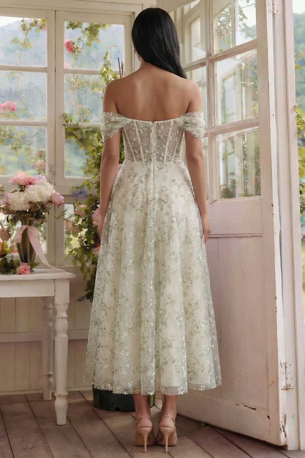 Light Green Corset Off the Shoulder Appliqued A Line Tulle Midi Dress sold by Zapaka product image thumbnail 2