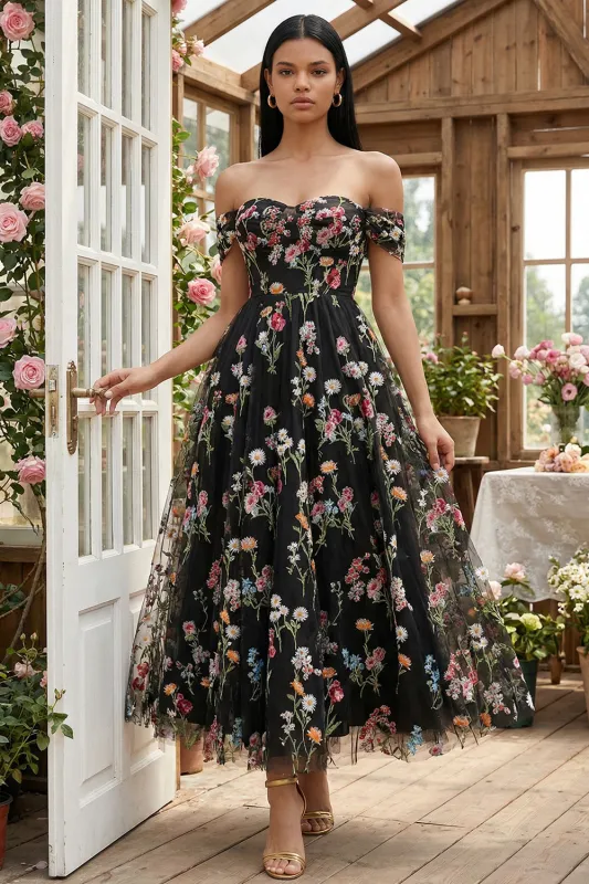 Black Off the Shoulder Flower Corset Appliqued A Line Tulle Midi Dress sold by Zapaka