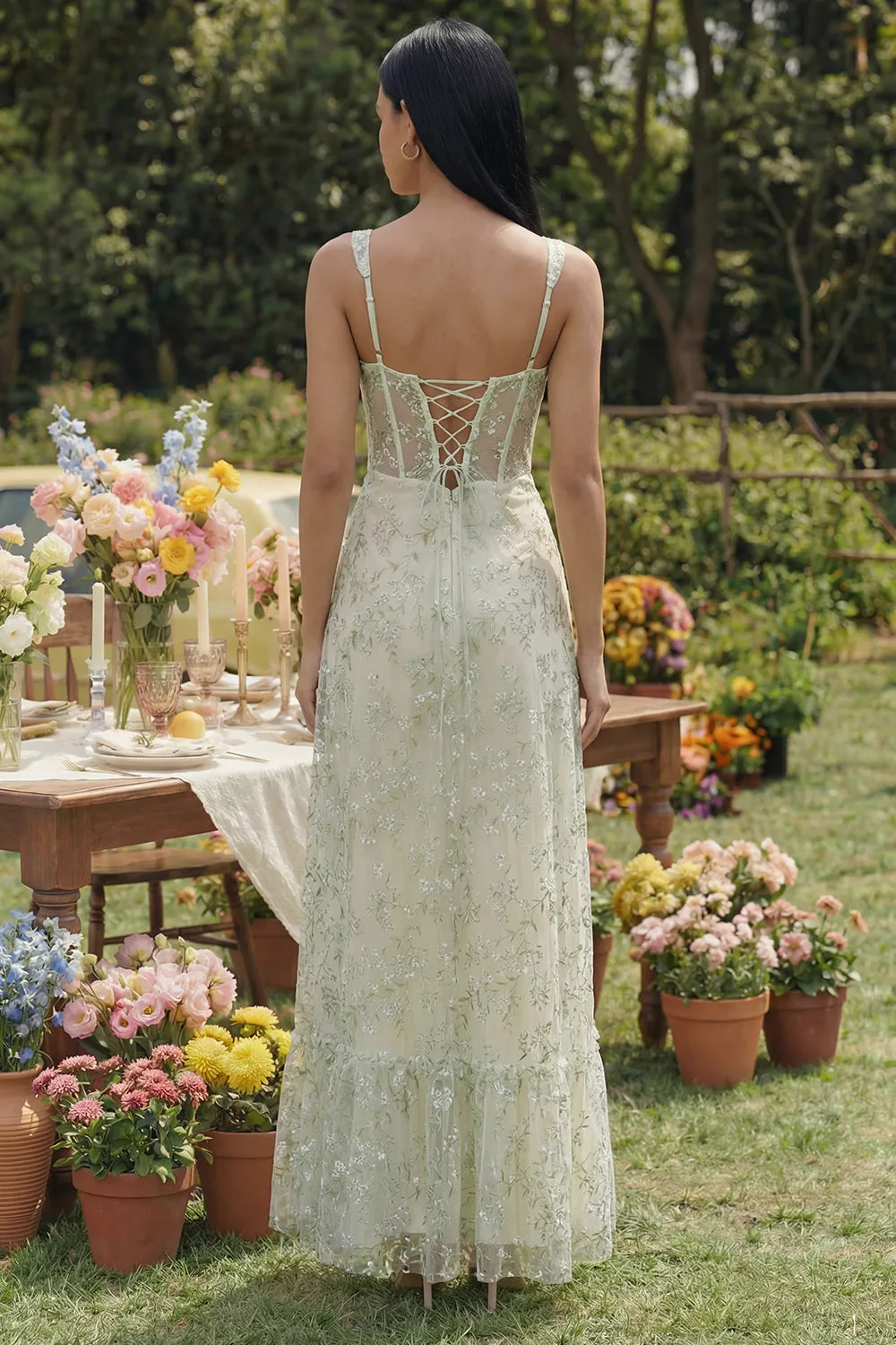 Light Green Appliqued Corset Tulle A Line Midi Dress with Slit sold by Zapaka product image thumbnail 2