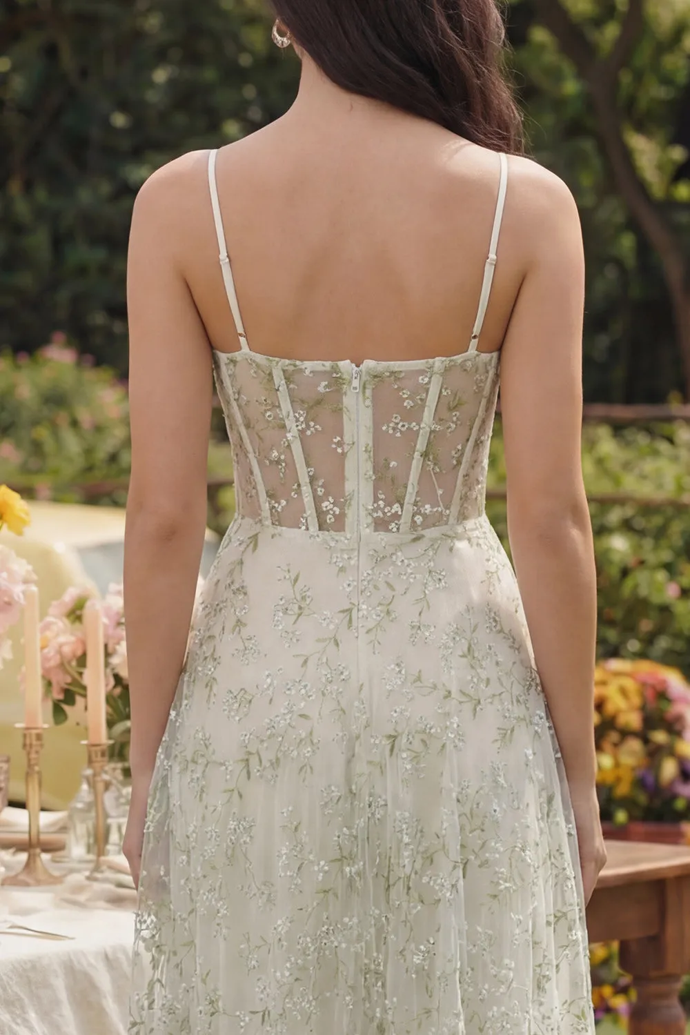 Light Green Appliqued Corset Spaghetti Straps A Line Midi Dress sold by Zapaka product image thumbnail 4
