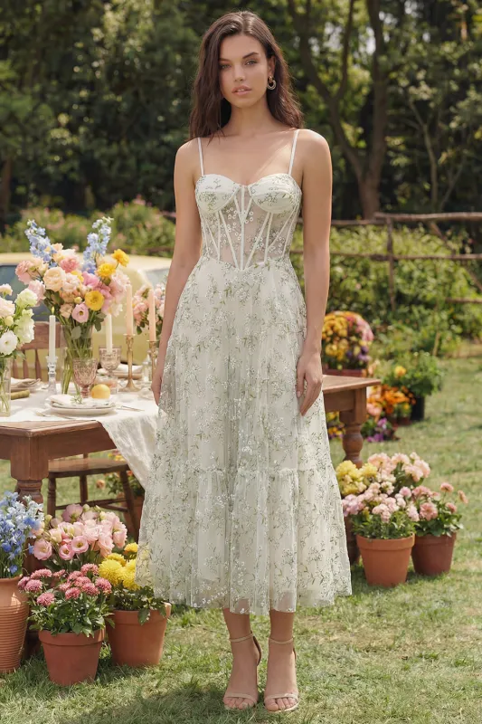 Light Green Appliqued Corset Spaghetti Straps A Line Midi Dress made by Zapaka