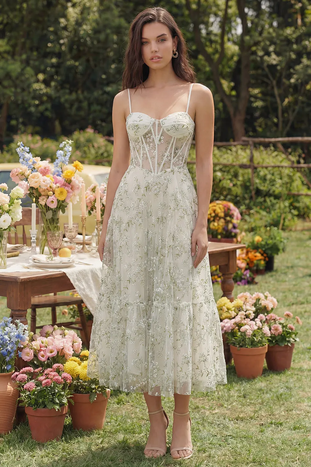 Light Green Appliqued Corset Spaghetti Straps A Line Midi Dress sold by Zapaka