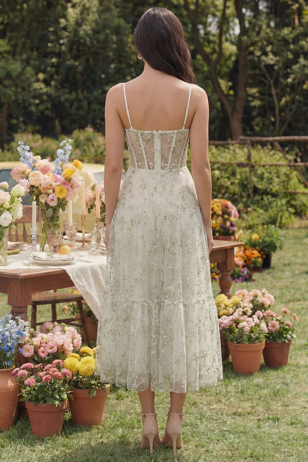 Light Green Appliqued Corset Spaghetti Straps A Line Midi Dress sold by Zapaka product image thumbnail 2