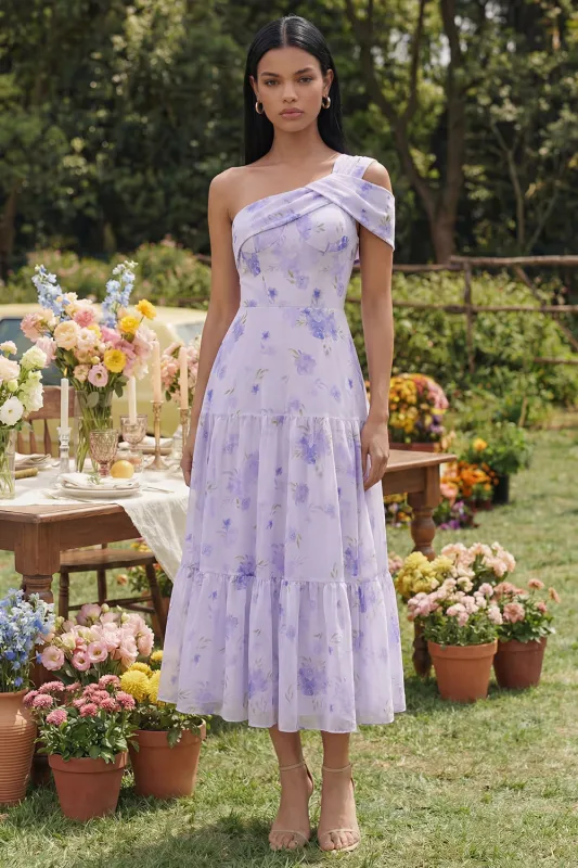 Lilac Printed One Shoulder A Line Midi Dress with Ruffles made by Zapaka