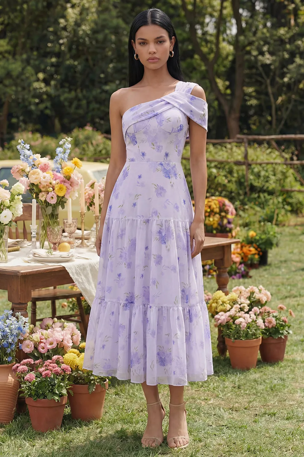 Lilac Printed One Shoulder A Line Midi Dress with Ruffles sold by Zapaka