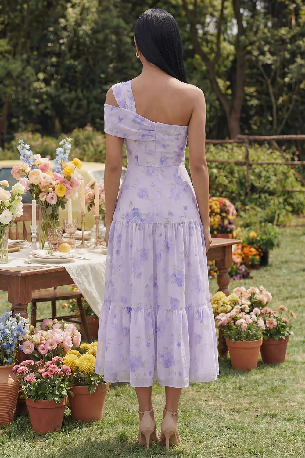 Lilac Printed One Shoulder A Line Midi Dress with Ruffles sold by Zapaka product image thumbnail 2