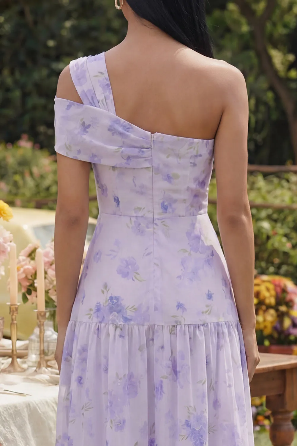 Lilac Printed One Shoulder A Line Midi Dress with Ruffles sold by Zapaka product image thumbnail 4