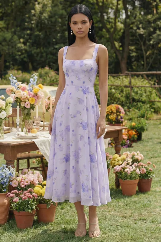 Lilac Printed Square Neck A Line Chiffon Midi Dress sold by Zapaka