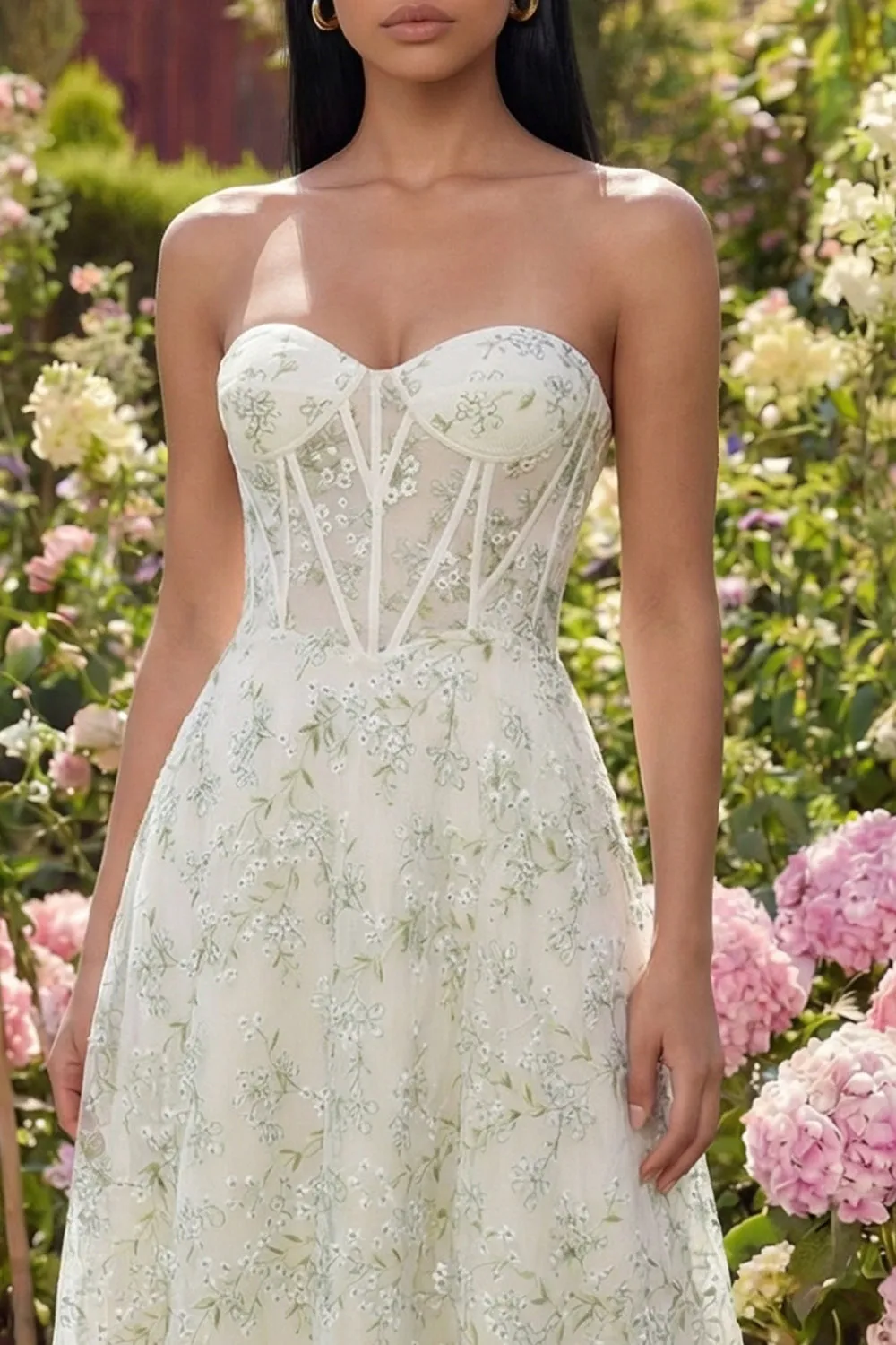 Light Green Appliqued Corset Strapless Tulle A Line Midi Dress sold by Zapaka product image thumbnail 3