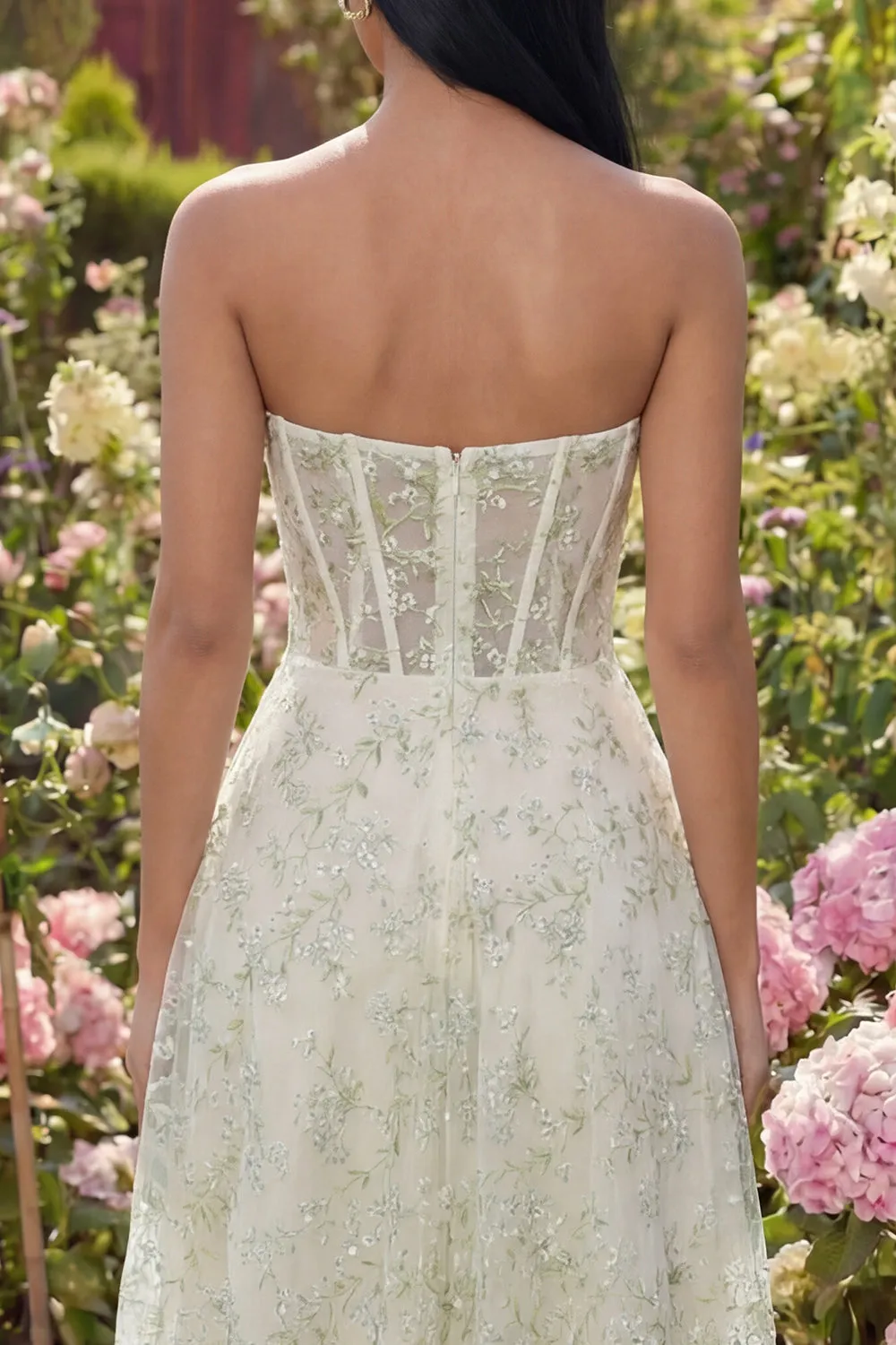 Light Green Appliqued Corset Strapless Tulle A Line Midi Dress sold by Zapaka product image thumbnail 4