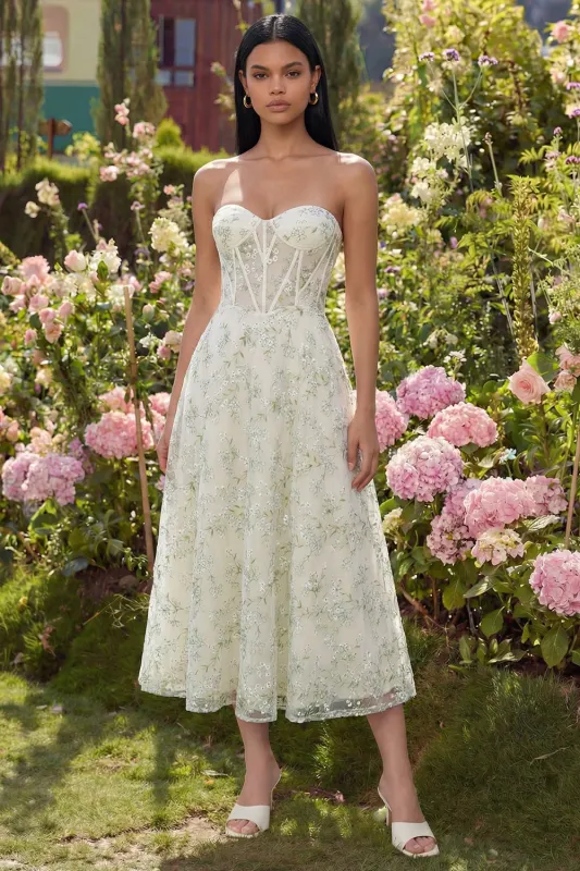 Light Green Appliqued Corset Strapless Tulle A Line Midi Dress made by Zapaka